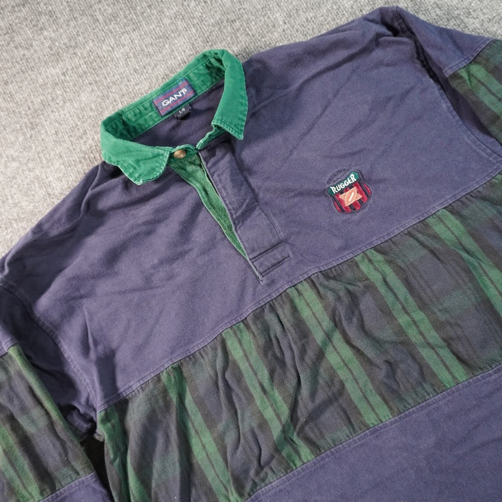 Gant Rugger Polo Shirt Mens Large Navy Blue Green Plaid Long Sleeve Rugby Crest